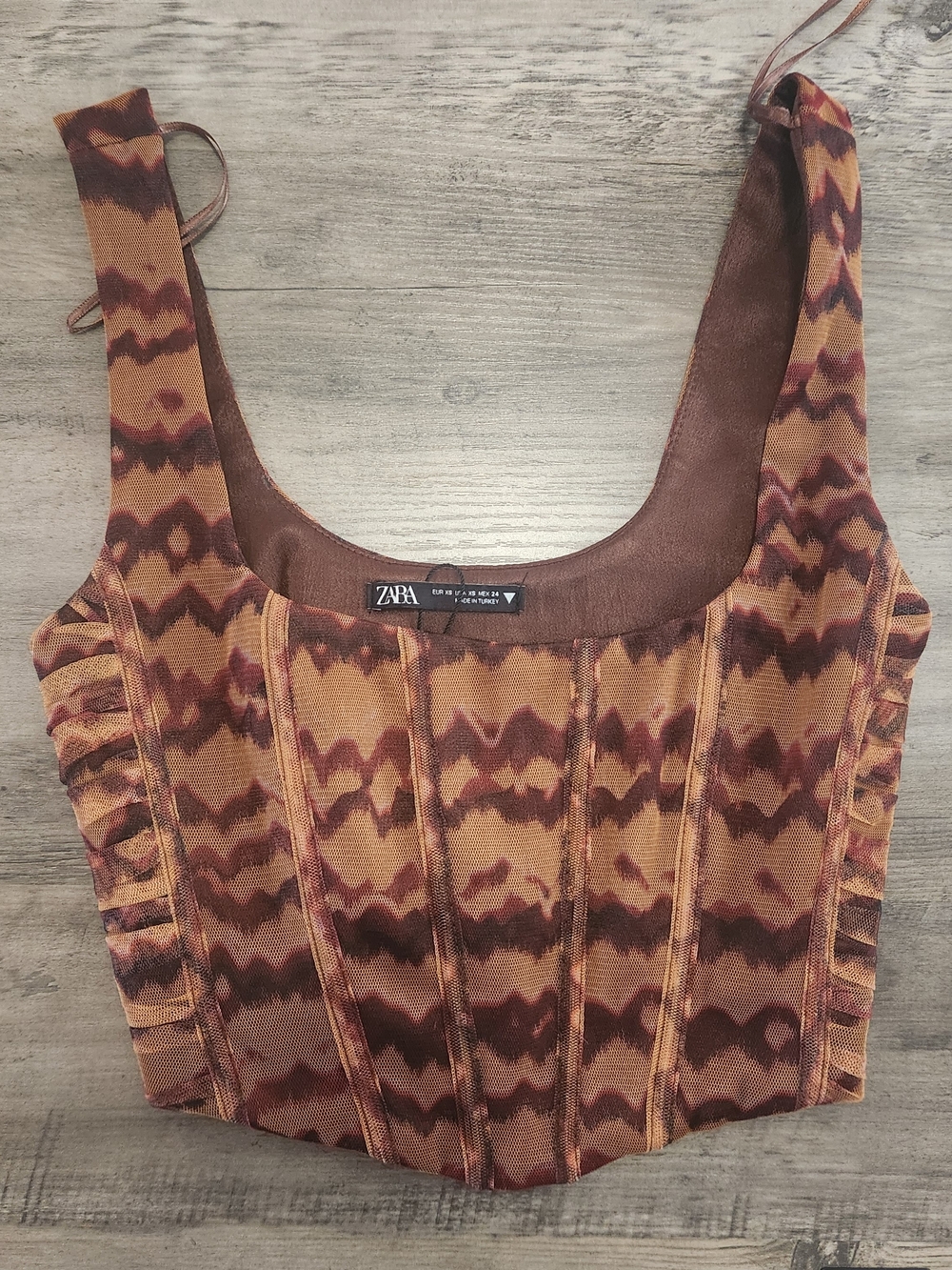 Zara Brown Women's Printed Mesh Corset Crop Tank Going Out Top - Size XS